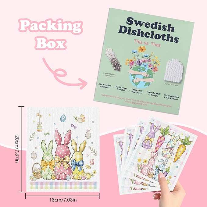 Easter Swedish Dishcloths for Kitchen, 6 Pack Colorful Buffalo Plaid Bunny Rabbit Reusable Paper Towels, Spring Farmhouse Swedish Dish Cloths Super Absorbent Cellulose Sponge Cloths