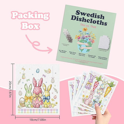 Easter Swedish Dishcloths for Kitchen, 6 Pack Colorful Buffalo Plaid Bunny Rabbit Reusable Paper Towels, Spring Farmhouse Swedish Dish Cloths Super Absorbent Cellulose Sponge Cloths