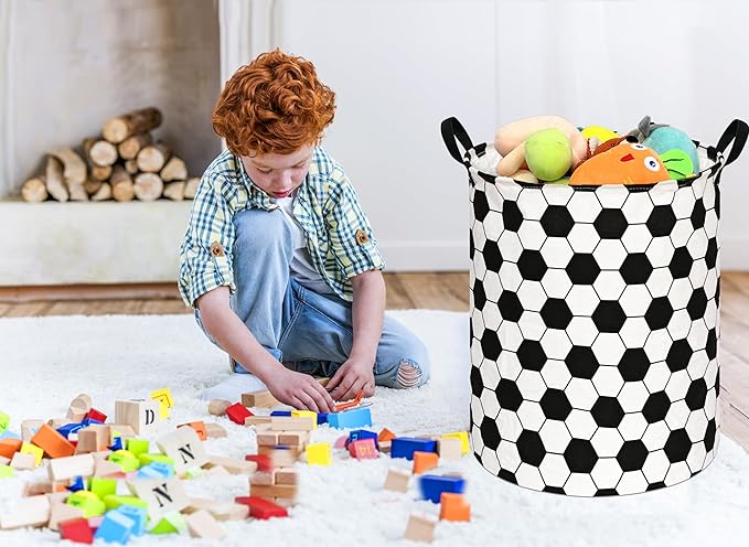 19.7 Inch Round Football Laundry Clothes Hamper Laundry Basket with Handles,Storage Organizer Bins Laundry Gift Basket for Room, Bedroom Decor (Football)
