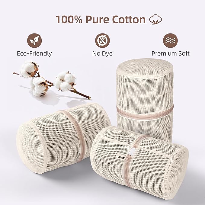 100% Pure Cotton Mesh Laundry Bags, Bra Lingerie Wash Bags for Delicates, No Dye, Set of 3, Natural(8x6.5 Inch)