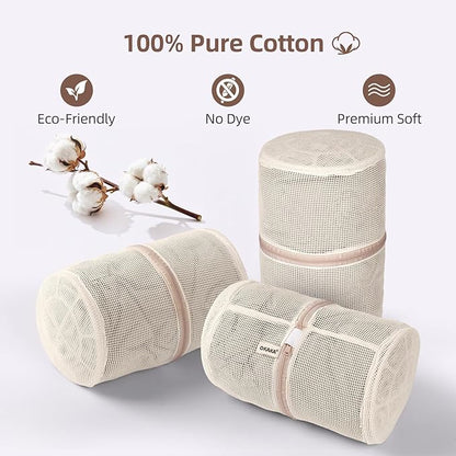 100% Pure Cotton Mesh Laundry Bags, Bra Lingerie Wash Bags for Delicates, No Dye, Set of 3, Natural(8x6.5 Inch)