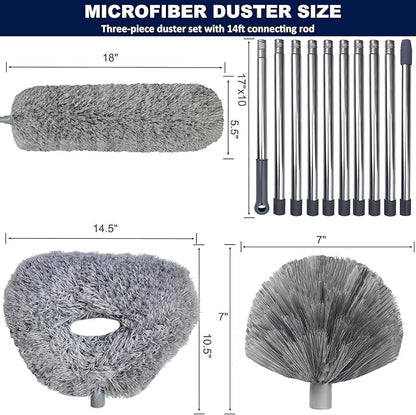 20+ Ft High Reach Ceiling Fan Duster & Cobweb & Corner Brush Duster with 3-14 ft Spliceable Pole Microfiber Feather Duster for Spider Web, High Ceiling, Blinds, Furniture Cleaning Tool Kit