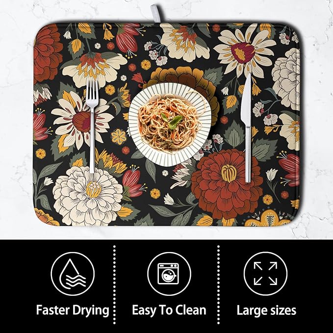 Vintage Floral Dish Drying Mat for Kitchen Counter Retro Sunflower Floral Absorbent Microfiber Dry Dish Mat Reversible Washable Dish Drainer Rack Mat 16x18 Inch