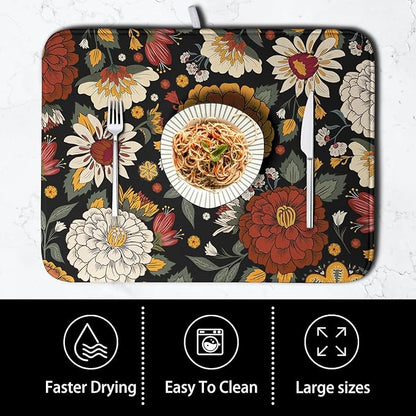 Vintage Floral Dish Drying Mat for Kitchen Counter Retro Sunflower Floral Absorbent Microfiber Dry Dish Mat Reversible Washable Dish Drainer Rack Mat Large 18x24 Inch