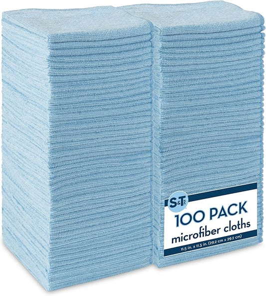 S&T INC. 100 Pack Microfiber Cleaning Cloth, Bulk Towels for Home, Reusable Microfiber Towels for Cars, Cleaning Rags, Light Blue, 11.5 Inches x 11.5 Inches, 100 Count(Pack of 6)