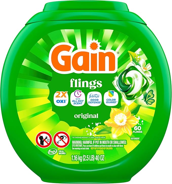 Gain Flings Liquid Washing Detergent Pacs, Now with Odor Defense + Color Guard, Original Scent, 4-In-1 Liquid Laundry Detergent Pods, Clean & Fresh, 60 Count (Packaging May Vary)