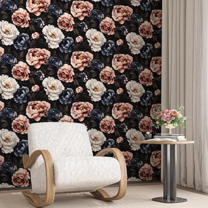 Fvlow Vintage Floral Wallpaper Peel and Stick Dark Black White Red Rose Flowers Wall Paper 17.4" x 394" Waterproof Self Adhesive Removable Contact Paper for Bedroom Cabinets Table Drawers Home Decor