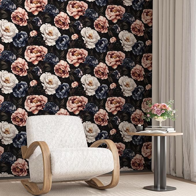 Fvlow Vintage Floral Wallpaper Peel and Stick Dark Black White Red Rose Flowers Wall Paper 17.4" x 118" Waterproof Self Adhesive Removable Contact Paper for Bedroom Cabinets Table Drawers Home Decor