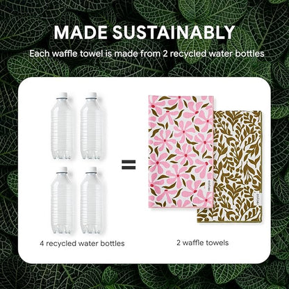 RECYCO Waffle Kitchen Towel Set of 2 - Quick Dry Microfiber Sustainable Dish Towels - Ultra Absorbent Reusable Cleaning Tea Towels - Lightweight Hand Towels,16”x 28”, Petal & Leaf