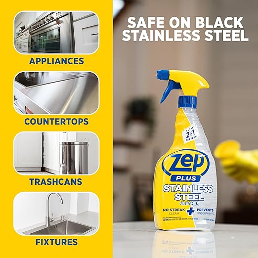Zep Plus Stainless Steel Cleaner 32 oz (2 Units) & a Blue Microfiber Rag ECBD022 - Streak-Free Fingerprint Removal for Stainless Steel Appliances