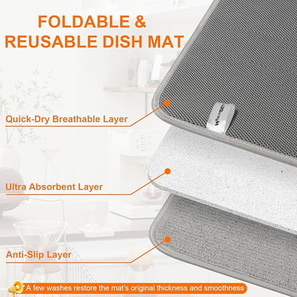 Dish Drying Mat 24 x 17 in, Large Microfiber Drying Mats, Absorbent Quick Dry Pad for Kitchen Counter, Countertop Protector for Dishes, Pots & Pans, Machine Washable, Gray (1 PCS)