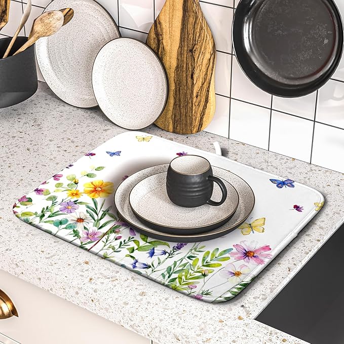 Wildflower Dish Drying Mat for Kitchen 18x16 Inch Colorful Floral Butterfly Drying Mat with Absorbent Reversible Microfiber Season Spring Dish Drainer Mats Rack Pad for Coffee Countertop Protector