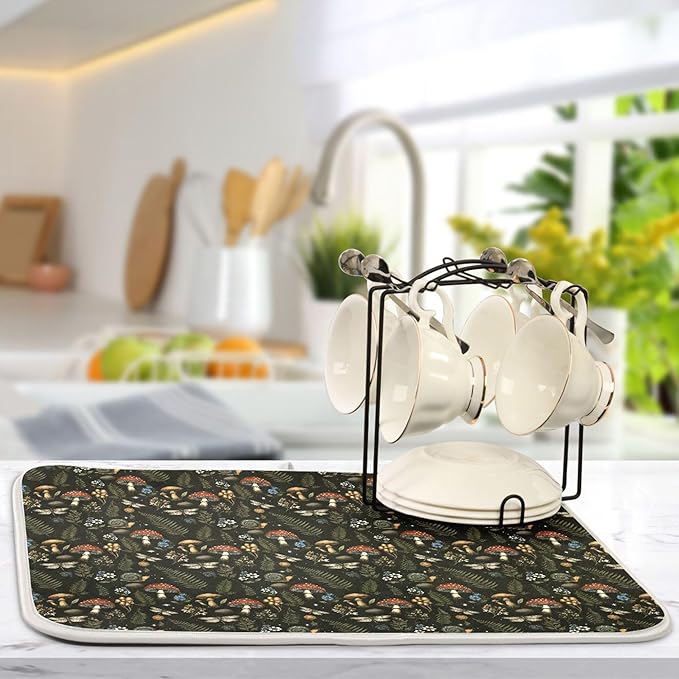 Mushroom Fern Leaves Berry Dish Drying Mat for Kitchen Counter Vintage Botanical Nature Drying Mats Super Absorbent Reversible Microfiber Kitchen Countertop Protector Dishes Pad Large18x24 inch