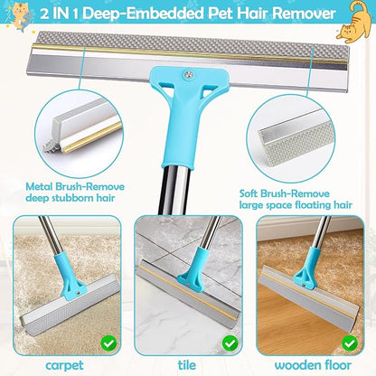 3PCS Pet Hair Removal Tool - Reusable Carpet Rake for Deep Stubborn Cleaning with Copper Head Scraper and Silicone Scraper, 52" Adjustable Long Handle Dog Hair Remover Broom for Sofa, Rugs, Couch, Car