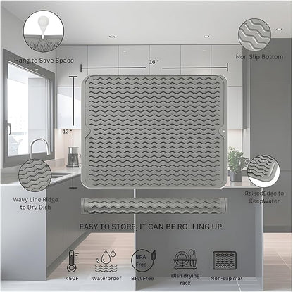 Silicone Drying Mat 16 × 12 – Gray Non-Slip Sink Mat for Kitchen Counter, Heat-Resistant Food-Grade Dish Pad, Easy-Clean Multipurpose Drawer Liner (Gray, 16'' x 12'')