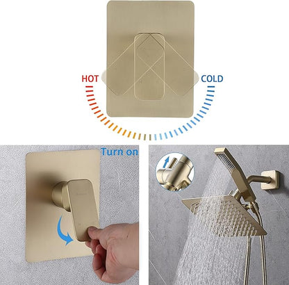 All Metal Shower Faucet Set, Dual Square Shower Head System with Handheld Wand, Diverter, Hose Complete Combo, Pressure Balance Rough-in Valve Included (Brushed Gold)