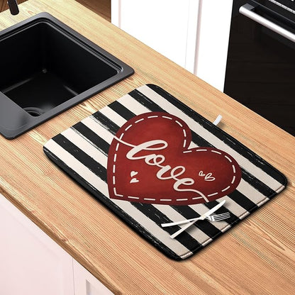 Valentine's Day Dish Drying Mat for Kitchen Counter 16x18 Black White Stripes Red Love Heart Dishes Drainer Mats Absorbent Dish Pad Large Dish Draining Mat for Coffee Bar