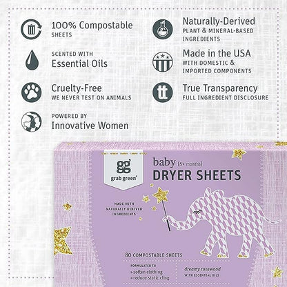 Grab Green Baby Laundry Dryer Sheets, 160 Sheets, Dreamy Rosewood Scent, Plant and Mineral Based, Compostable, Softens Clothing and Linens, Reduces Static Cling