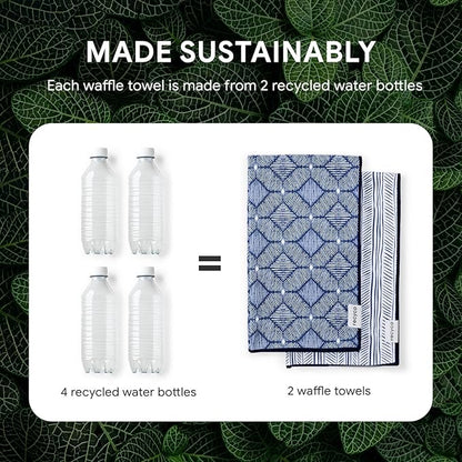 RECYCO Waffle Kitchen Towel Set of 2 - Quick Dry Microfiber Sustainable Dish Towels - Ultra Absorbent Reusable Cleaning Tea Towels - Lightweight Hand Towels,16”x 28”, Indigo Harmony