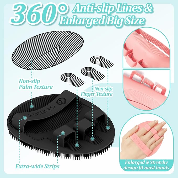 Silicone Bath Gloves 2PCS, 360° Anti-Slip Silicone Body Scrubber for Rich Foaming Deep Cleaning, Revolutionary No-Grip & Hand-fit Design Shower Scrubber for All Skin Types(Black+Light Pink)