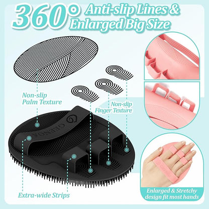 Silicone Bath Gloves 2PCS, 360° Anti-Slip Silicone Body Scrubber for Rich Foaming Deep Cleaning, Revolutionary No-Grip & Hand-fit Design Shower Scrubber for All Skin Types(Black+Light Pink)