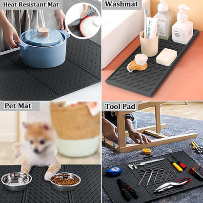 Dish Drying Mat for Kitchen Counter, Collapsible Trifold Large Dish Drainer Mat, Silicone Drying Mat with Hook, 24x16In Non-Slip Silicone Sink Mat, Easy to Clean, Black