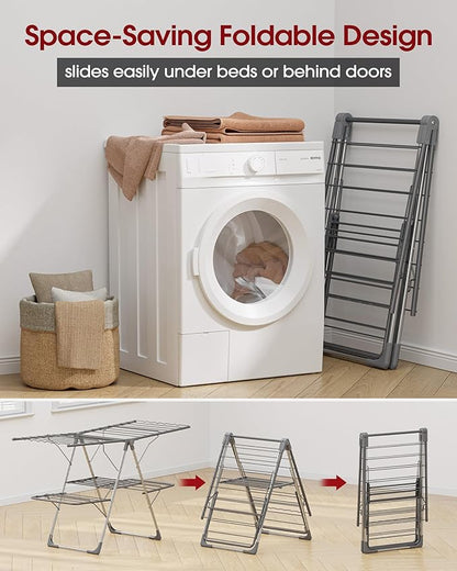 Clothes Drying Rack, Foldable 2-Level Laundry Drying Rack with Height-Adjustable Wings, for Clothing & Bedding, Free-Standing Space-Saving Rack, Indoor & Outdoor, 55.5" L × 22.8" W, Gray