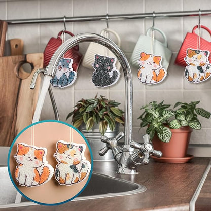 8 Pcs Christmas Sponges Dish Scrubber, Cute Kitchen Scrub Dual Sided Dishwashing Sponge Reusable Cleaning for Kitchen Dishes Furniture (Cat)