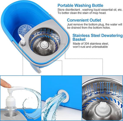 Spin Mop and Bucket with Wringer Set, 3 Washable Microfiber Pads Included for Floor Cleaning, Adjustable Stainless Steel Handle, Easy Moving with Wheels, Blue