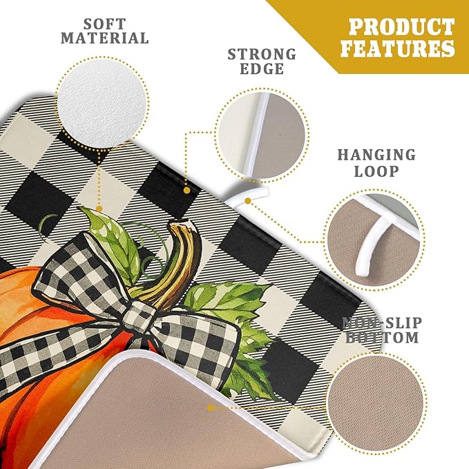 Fall Dish Drying Mat for Kitchen Counter 16x18 Autumn Pumpkin Plaid Theme Thanksgiving Day Absorbent Reversible Microfiber Drying Mats Kitchen Countertop Protector Dishes Drainer Pad