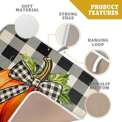 Fall Dish Drying Mat for Kitchen Counter 16x18 Autumn Pumpkin Plaid Theme Thanksgiving Day Absorbent Reversible Microfiber Drying Mats Kitchen Countertop Protector Dishes Drainer Pad