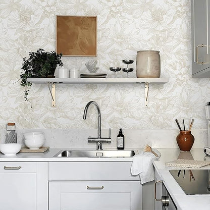 Ismoon Large Floral Peel and Stick Wallpaper Boho Beige/Coffee Contact Paper 17.3inx32.8ft Modern Wall Paper Removable Self Adhesive Bedroom Cabinet Bathroom Waterproof Mural Wall Decor Vinyl Roll