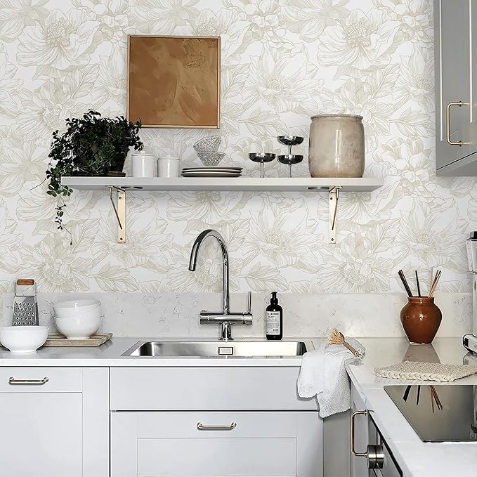 Ismoon Large Floral Peel and Stick Wallpaper Boho Beige Contact Paper 17.3inx6.5ft Neutral Wall Paper Removable Self Adhesive Wallpaper Bedroom Cabinet Bathroom Waterproof Mural Wall Decor Vinyl Roll