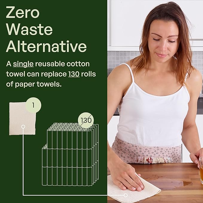 10 Pack Reusable Kitchen Paper Towels Washable - Super Absorbent Natural unPaper Towels - Natural Cotton - Reusable, Paperless Kitchen Dish Cloths - 100% Organic