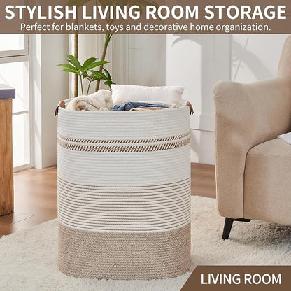 Laundry Basket with Handles - Blanket Basket & Hampers for Bedroom Aesthetic, Laundry Hamper & Blanket Storage for Living Room, Clothes Hamper, Tall, Large 17" x 14" x 22”, Light Brown & White