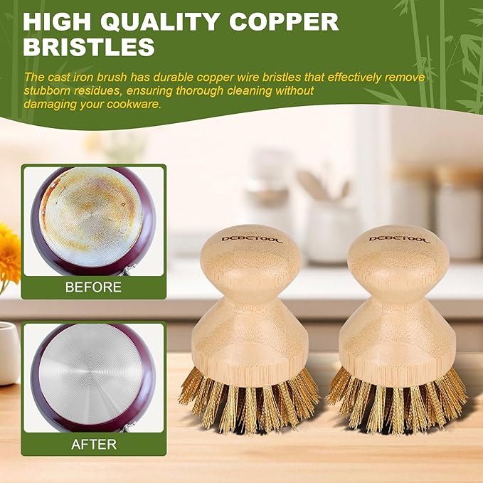 Cast Iron Brush with Brass Bristles & Natural Bamboo Handle - Heavy Duty Cast Iron Cleaner Scrubber for Woks, Griddles, BBQ Grills, Grill Pans - Effortless Cleaning & Maintenance