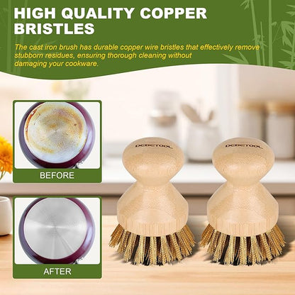 Cast Iron Brush with Brass Bristles & Natural Bamboo Handle - Heavy Duty Cast Iron Cleaner Scrubber for Woks, Griddles, BBQ Grills, Grill Pans - Effortless Cleaning & Maintenance