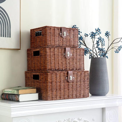 Set of 3 Woven Wicker Storage Basket Box with Lids & Lock, Built-in Carry Handles, Multifunctional Storage Organizer for Nursery, Baby, Clothes, Toys, Books, Large/Medium/Small Size (Natural)