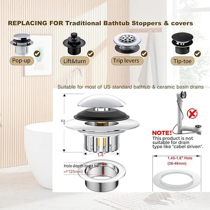 Tub Stopper, Bathtub Drain Stopper, Bathroom Sink Stopper, Pop-up Drain Stopper, Bathroom Drain Plug, Bathtub Drain Stopper, Bathtub Plug for 1-1/2 to 1-3/4" Bath Drain Hole, Easy to Install & Clean
