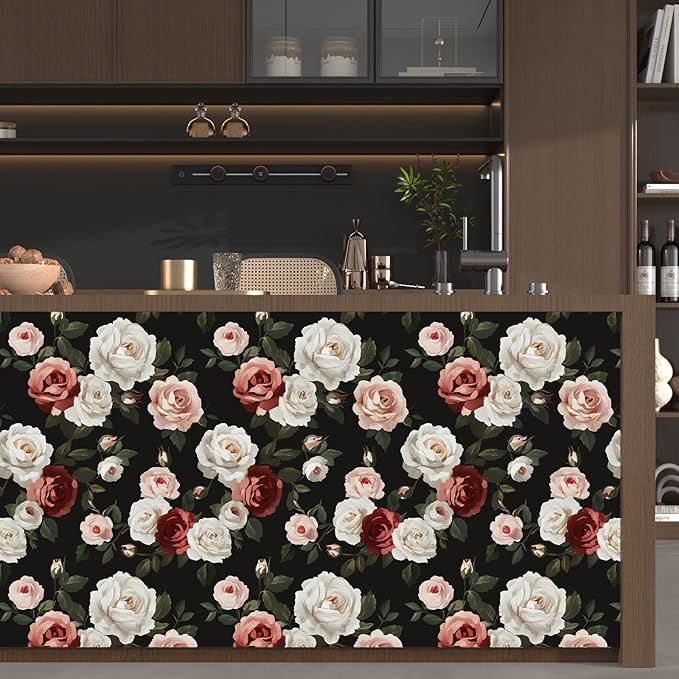 Fvlow Black Floral Wallpaper Peel and Stick 17.4" x 394" Pink Rose Removable Contact Paper Dark Flower Vintage Garden Pattern Covering for Bedroom Cabinet Bathroom Moody Home Decor Black Color
