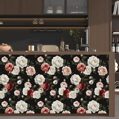 Fvlow Black Floral Wallpaper Peel and Stick 17.4" x 394" Pink Rose Removable Contact Paper Dark Flower Vintage Garden Pattern Covering for Bedroom Cabinet Bathroom Moody Home Decor Black Color