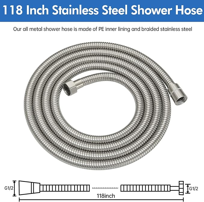 RUMOSE 118 inches Shower Hose Shower Head Extension Tube Extra Long Stainless Steel Shower Hose Attachment Flexible Handheld Shower Sprayer Hose, Brushed Nickel