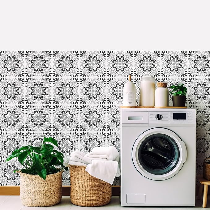 AM AMAONM 10pcs 20x20cm Removable Square Vintage Floral Pattern Tile Stickers 3D Decorative Peel and Stick Vinyl Self Adhesive Wall Tiles Decor Decals for Kitchen Backsplash Bathroom Furniture (B)