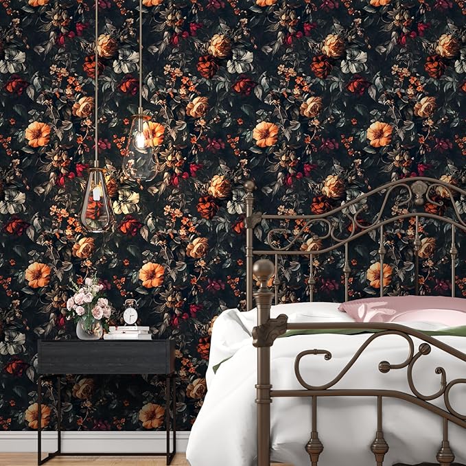 Vintage Floarl Wallpaper Peel and Stick, Black Dark Moody Garden Flower Self Adhesive Removable Wallpapers for Bedroom Powder Room Cabinet, Vinyl Witchy Contact Paper Wall Art 17.5In x 118In
