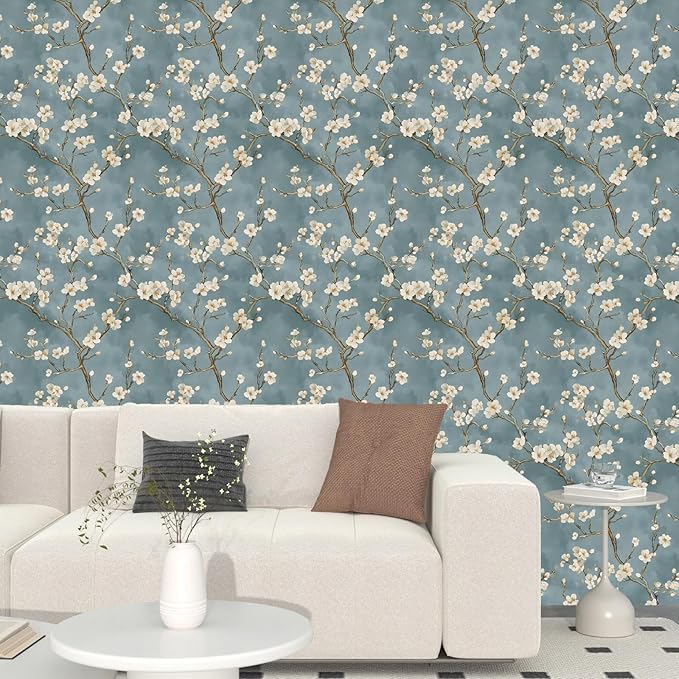 Blue Floral Wallpaper Peel and Stick Vintage White Flowers Contact Paper Vinyl Self Adhesive Removable Retro Cherry Blossom Wall Mural Wall Paper for Room Walls Shelve Cabinet Table Decor 17.5" x 118"