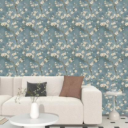 Blue Floral Wallpaper Peel and Stick Vintage White Flowers Contact Paper Vinyl Self Adhesive Removable Retro Cherry Blossom Wall Mural Wall Paper for Room Walls Shelve Cabinet Table Decor 17.5" x 118"