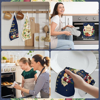 Passover Kitchen Towels Decor, Dish Towels Gifts for Cooking Cleaning Set of 4, Jewish Holiday Hand Towels with Hanging Loop for Bathroom Home