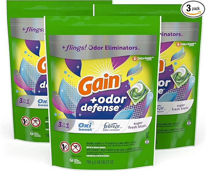 Gain Flings 3-in-1 Laundry Detergent Soap Pacs, Super Fresh Blast Scent, 3 Bag Value Pack, HE Compatible, 111 Count
