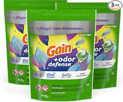 Gain Flings 3-in-1 Laundry Detergent Soap Pacs, Super Fresh Blast Scent, 3 Bag Value Pack, HE Compatible, 111 Count