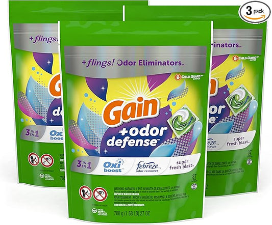 Gain Flings 3-in-1 Laundry Detergent Soap Pacs, Super Fresh Blast Scent, 3 Bag Value Pack, HE Compatible, 111 Count